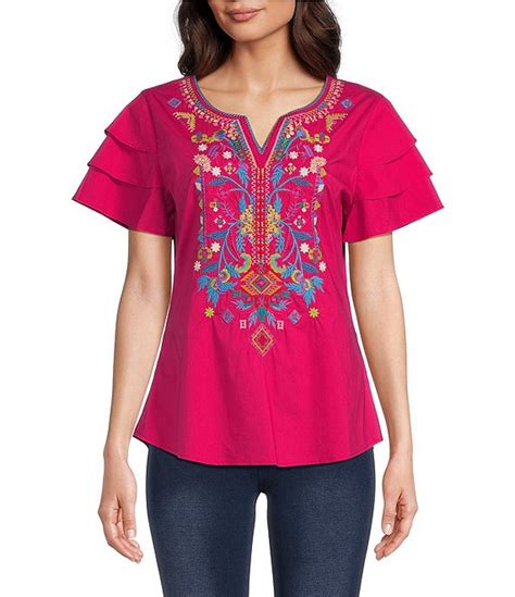 Calessa Split V Neck Short Sleeve Embroidered Top Dillards