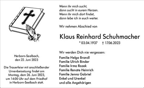 Traueranzeigen Von Klaus Reinhard Schuhmacher Vrm Trauer De