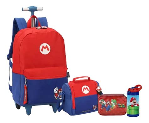 Kit Completo Mochila Escolar Super Mario Bros Rodinhas Tam G