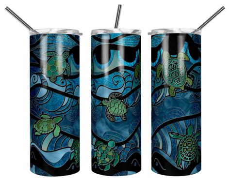 Sea Turtles Swimming Stained Glass Look 20 Oz Skinny Metal Tumbler W