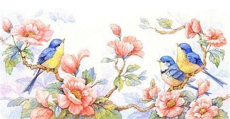 Watercolor painting of birds on flowers - Magic Decor