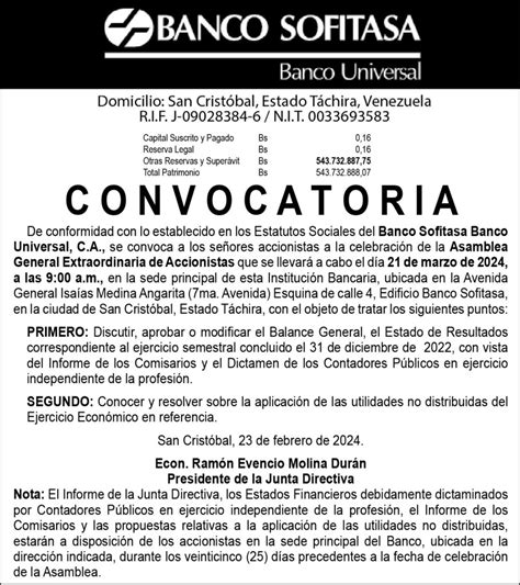 Convocatoria Asamblea General Extraordinaria De Accionistas Banco