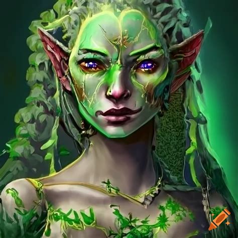 Portrait Of Earth Genasi Woman In Forest Green Complexion And Moss