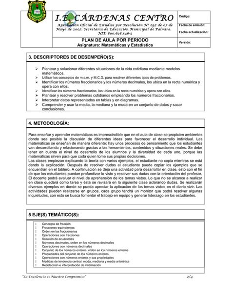 3 Plan De Aula Matematicas Y Estadistica Grado Sexto P3 2015 Diana