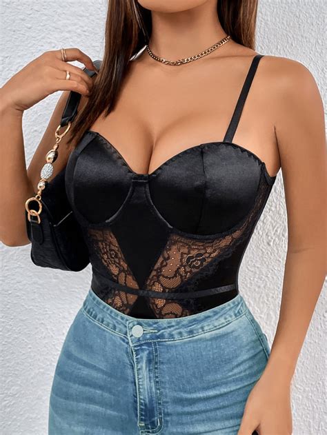 SHEIN Body de tirantes con encaje en contraste bustier de satén Mode