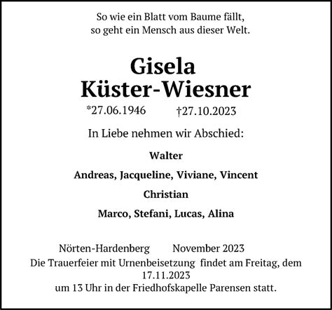 Traueranzeigen Von Gisela K Ster Wiesner Trauer Anzeigen De