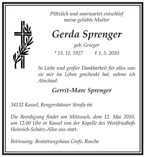 Traueranzeigen Von Gerda Sprenger Trauer HNA De