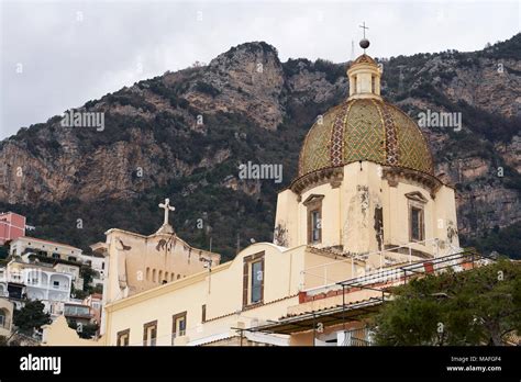 Amalfi Cathedral With Mountain Cliff And Sky As Background Located At