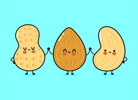 Cute Funny Happy Almonds Peanuts And Cashews Nut Vector Hand Drawn