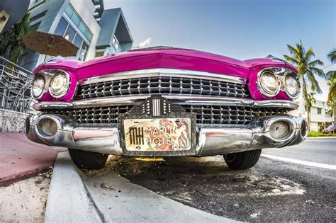 Cadillac Vintage Car Parked At Ocean Drive In Miami Beach Editorial