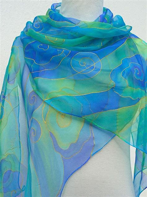 Long Blue Ocean Chiffon Silk Scarf Handpainted Sheer Azure Etsy