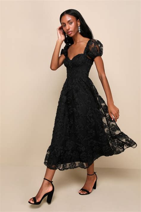 Black Mesh Floral Dress Applique Midi Dress Bustier Dress Lulus