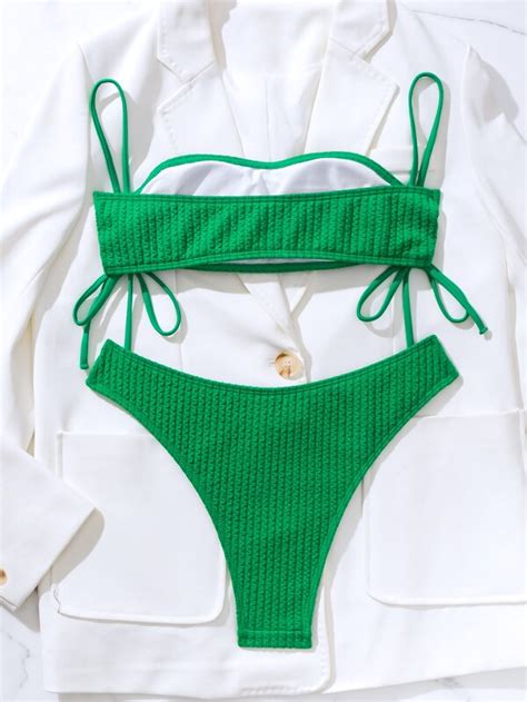 Conjunto de bikini texturizado Sujetador inalámbrico con cordón y parte