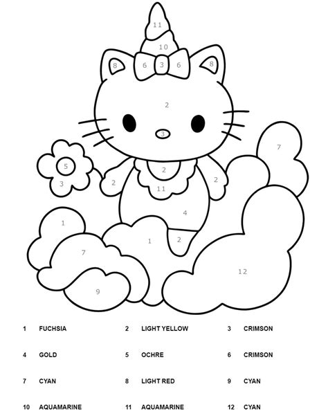 Unicorn Hello Kitty Color By Number Coloring Page - Free Printable ...