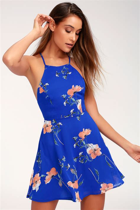 Lovely Royal Blue Floral Print Dress Lace Up Skater Dress Lulus