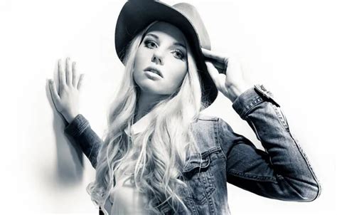 Wallpaper Portrait Jeans Hat Jacket Blonde Blue Eyed Black And White For Mobile And