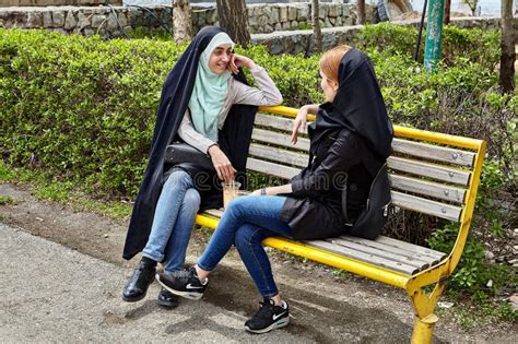 Two Iranian Women Sit On Bench In Park Tehran Iran Editorial Photo