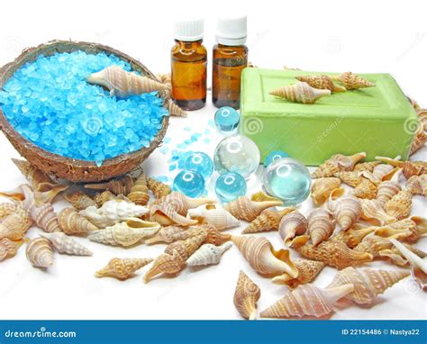 Spa Candles Sea Shells And Salt Stock Photo Image Of Blue Color