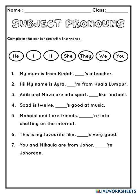 Subject Pronouns Activity For 1 2 3 4 5 6 Live Worksheets