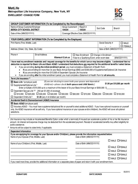 Fillable Online Metlife Enrollment Form For Group Insurance Fill Out