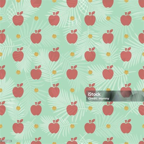 Seamless Red Apple Pattern On Green Background Stock Illustration