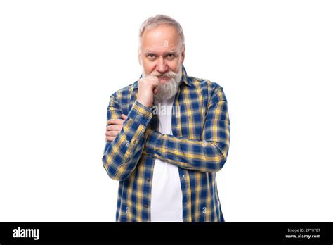 Handsome Senior Gray Haired Retired Man With Mustache And Beard Stock