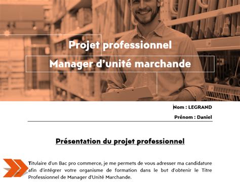 Exemple de Projet Professionnel Manager d unité marchande