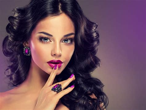 Beauty Model Woman Make Up Brunette Girl Purple Hand Jewel