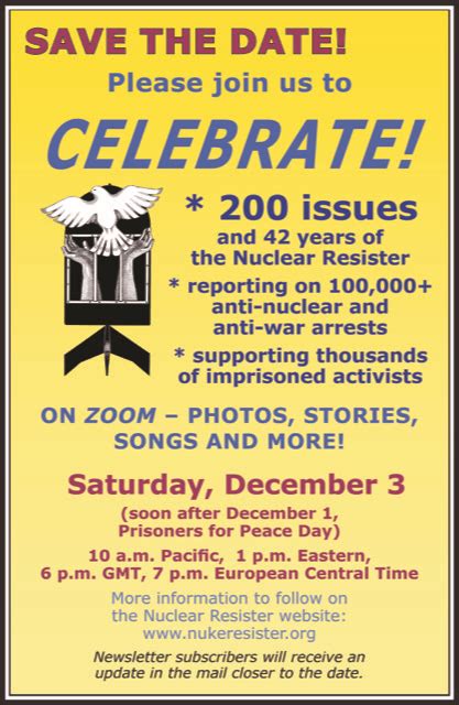 Nuclear Resister Anniversary Ground Zero Center For Nonviolent Action