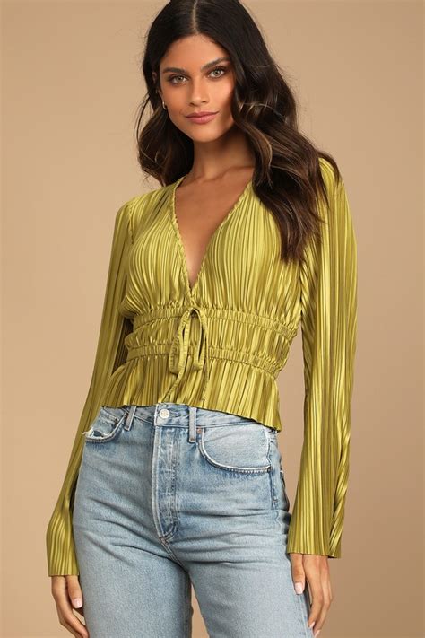 Chartreuse Pleated Top Bell Sleeve Top Womens Tops Lulus