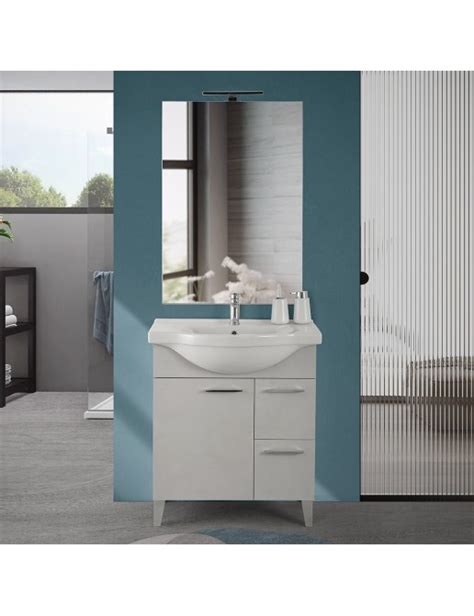 Mobile Bagno A Terra 75 Cm Grigio Calce Con Lavabo E Specchio Moon