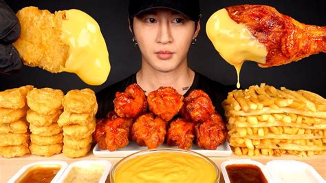 ASMR MUKBANG CHEESY CHICKEN NUGGETS BBQ CHICKEN GARLIC FRIES No