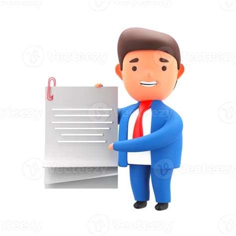 D Render Of Businessman Showing Document Paper On White Background