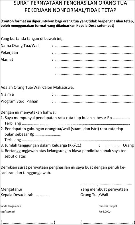 Contoh Surat Pernyataan Penghasilan Orang Tuadoc Surat Pernyataan