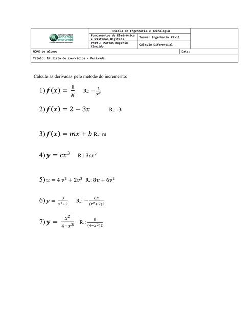 1a Lista De Exercícios Derivada Pdf