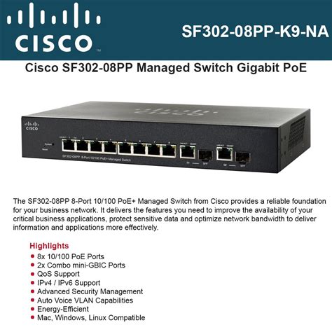 Cisco Sf302 08pp 8 Port Poe Managed Switch 2 X Gigabit Sfp 62w Power