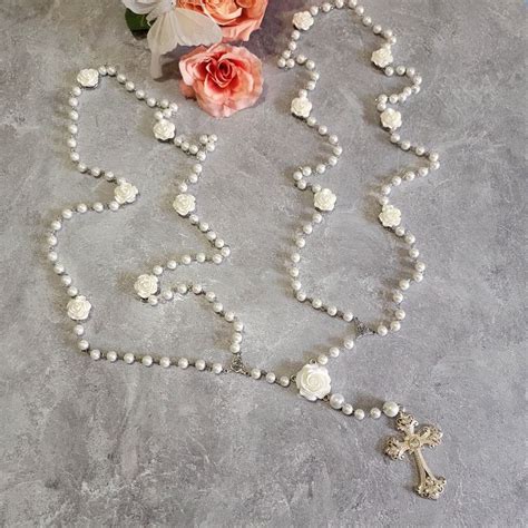 Silver White Rose Pearl Rosary Unity Cord For Catholic Wedding Unity