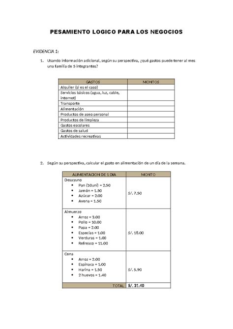 Pesamiento Logico Para Los Negocios Evidencia 1 Pesamiento Logico