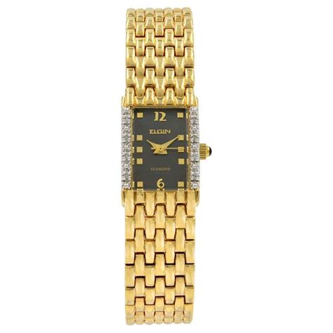 Elgin Diamond Black Dial Yellow Gold Plated Steel Quartz Ladies Watch