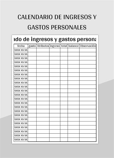 Plantilla De Formato Excel Calendario De Ingresos Y Gastos Personales Y