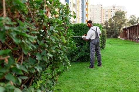 Premium Photo Garden Worker In Uniform Cuts Bushes And Lawn In Garden