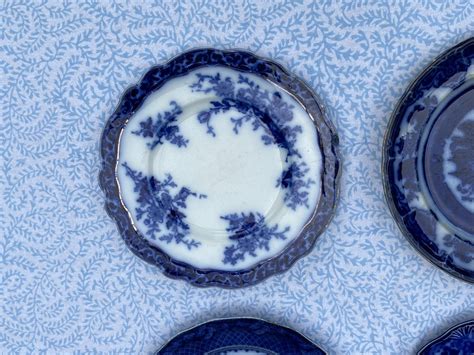 Antique 9" Flow Blue Plates, Set of 6 - Town & Sea