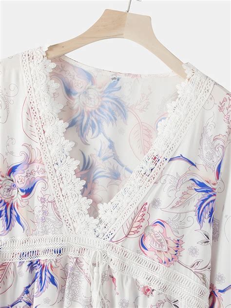 Kvinder Blomster Med Tryk Plunge Tie Front ærmet Blonde minikjoler Damemode Kjoler