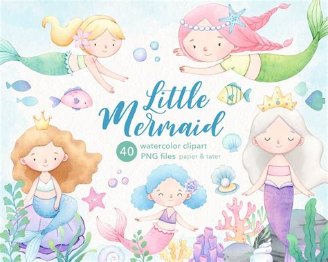 Watercolor Mermaid Clipart Cute Mermaids Png Etsy