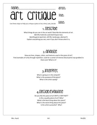 Art Critique Worksheet Pdf Worksheets Library