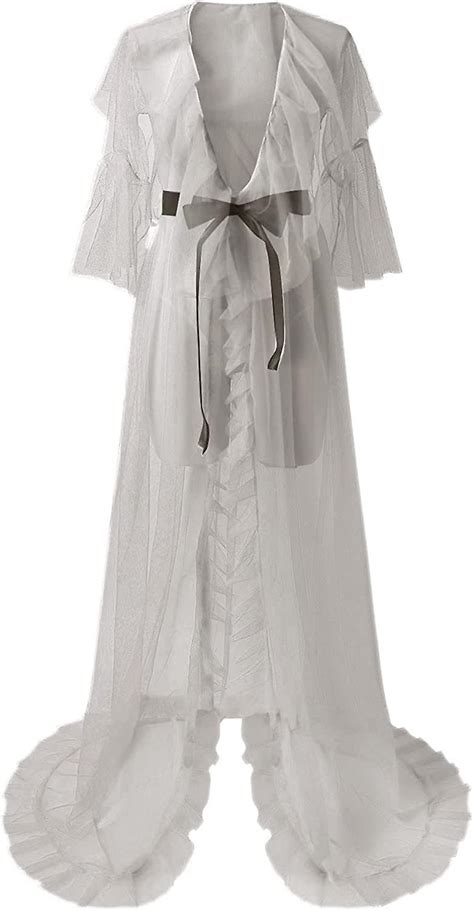 Womens Dressing Gown Lingerie Mesh Sexy Long Robe Puffy Tulle Robe