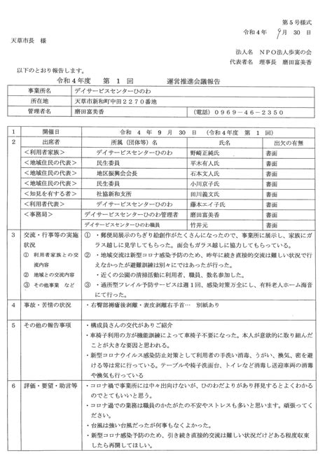 令和4年度 第1回運営推進会議書面開催 Npo法人歩実の会 デイサービスセンターひのわ