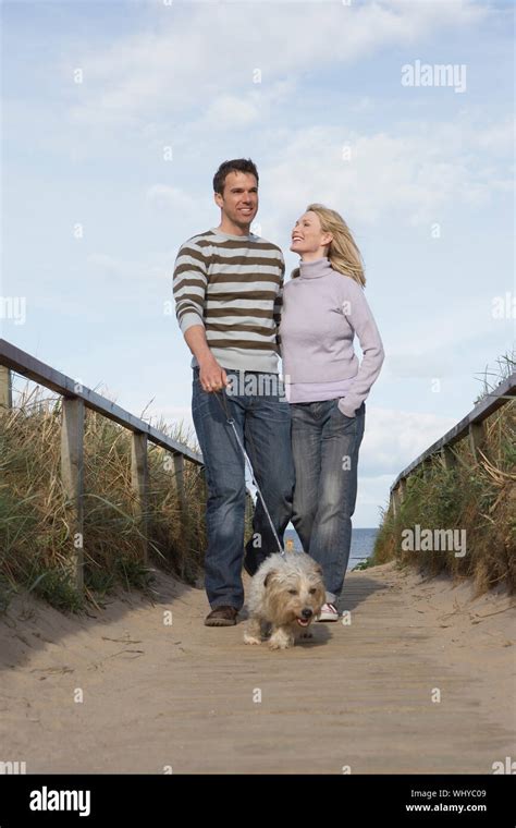 Happy couple walking with dog on boardwalk at beach Stock Photo - Alamy