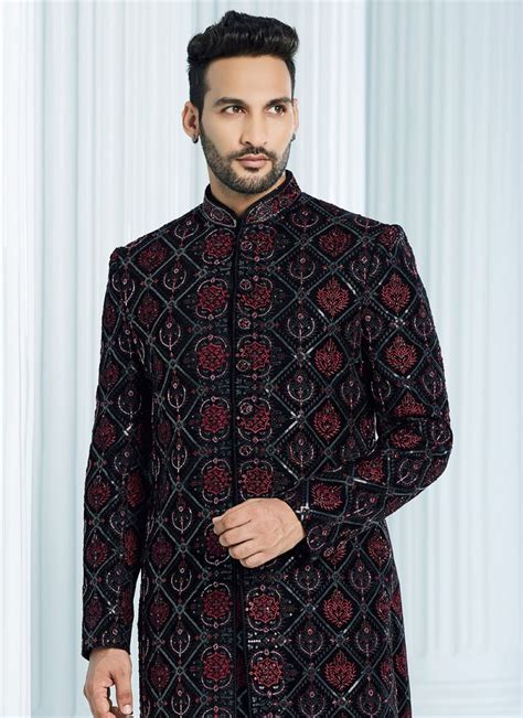 Black Velvet Thread Work Indo Western Sherwani