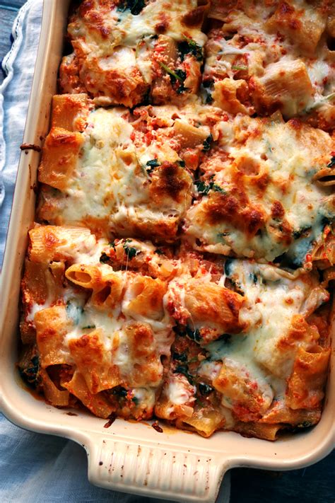 Baked Ziti With Roasted Red Peppers Baby Kale And Ricotta Chef Amina